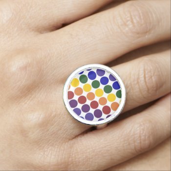 Rainbow Polka Dots On White Ring by RocklawnArts at Zazzle