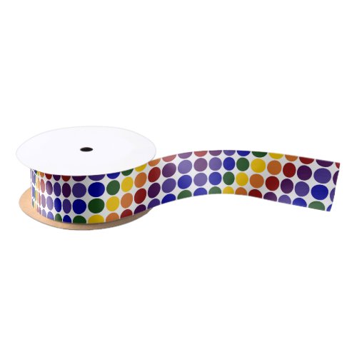 Rainbow Polka Dots on White Satin Ribbon