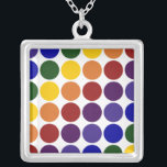 Rainbow Polka Dots on White Silver Plated Necklace<br><div class="desc">Rainbow colored polka dots are arranged in rows on a white background. The offset rows form diagonals of each color: violet, indigo, blue, green, yellow, orange, and red. The white background is actually transparent, so you can change it if you like. Just click the "Customize it!" button, then select a...</div>