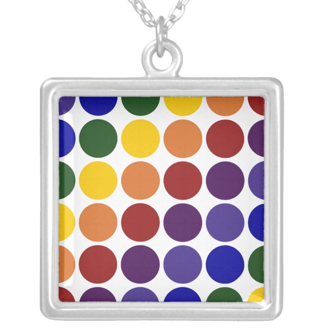 Rainbow Polka Dots on White Silver Plated Necklace (Front)
