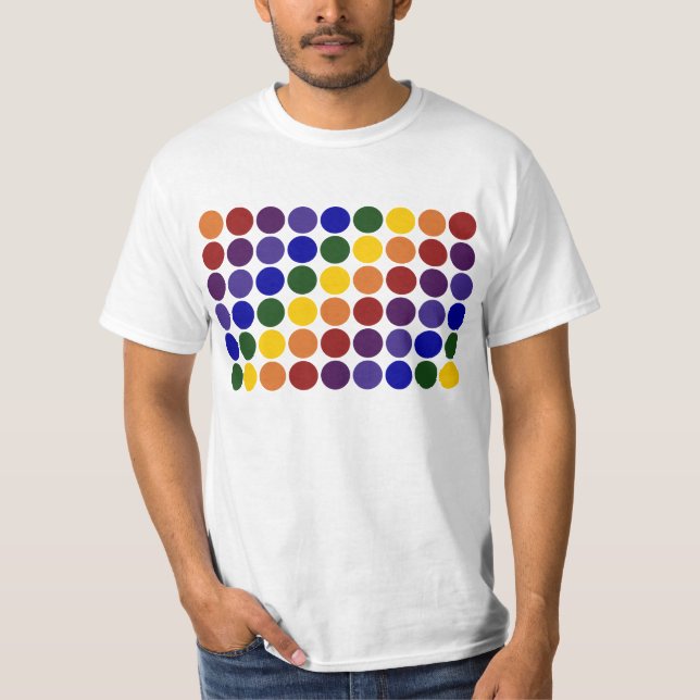 Rainbow Polka Dots on White T-Shirt (Front)