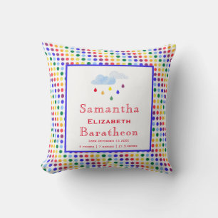Rainbow Polka Dots Personalized Baby Birth Stat Throw Pillow