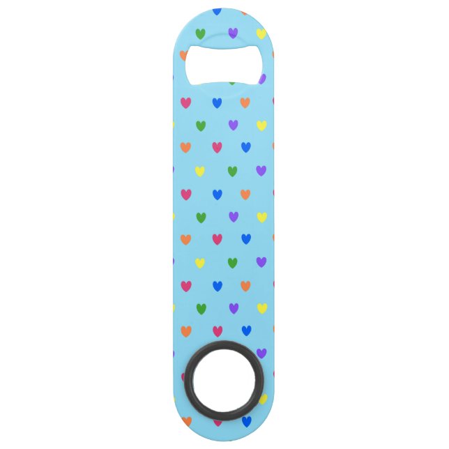 Rainbow polka hearts on baby blue bar key (Front)