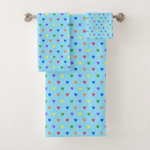 Rainbow polka hearts on baby blue bath towel set