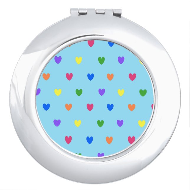 Rainbow polka hearts on baby blue compact mirror (Front)