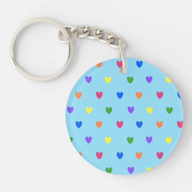 Rainbow polka hearts on baby blue keychain (Front)
