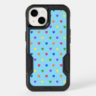 Rainbow polka hearts on baby blue OtterBox iPhone 14 case