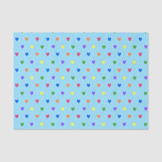 Rainbow polka hearts on baby blue tissue paper (Front)