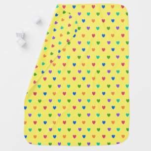 Rainbow polka hearts on yellow baby blanket