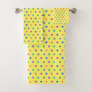 Rainbow polka hearts on yellow bath towel set