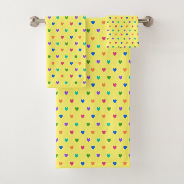 Rainbow polka hearts on yellow bath towel set (Insitu)