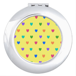 Rainbow polka hearts on yellow compact mirror