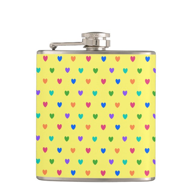 Rainbow polka hearts on yellow flask (Front)