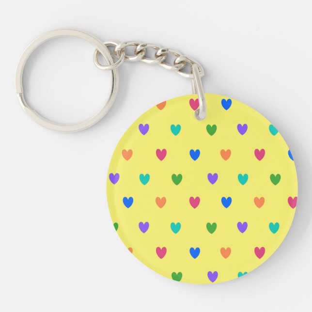 Rainbow polka hearts on yellow keychain (Front)