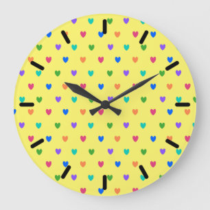 Rainbow polka hearts on yellow large clock