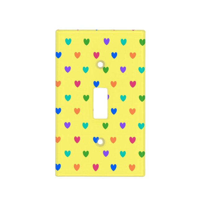 Rainbow polka hearts on yellow light switch cover (Front)