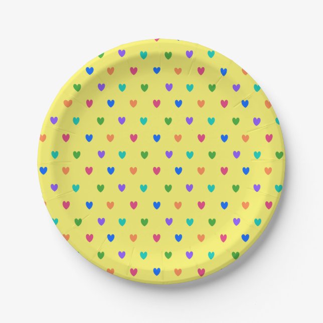 Rainbow polka hearts on yellow paper plates (Front)