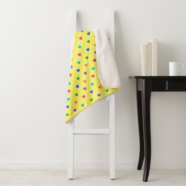 Rainbow polka hearts on yellow sherpa blanket (In Situ)