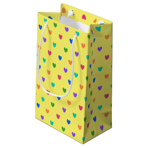 Rainbow polka hearts on yellow small gift bag