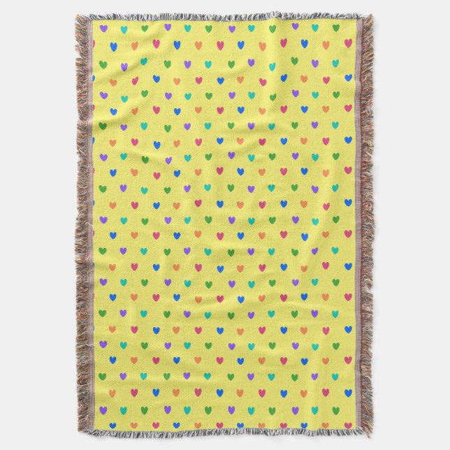 Rainbow polka hearts on yellow throw blanket (Front Vertical)