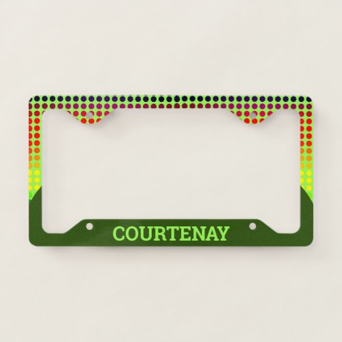 Rainbow Polkadots Flourescent Green Own TextCol License Plate Frame