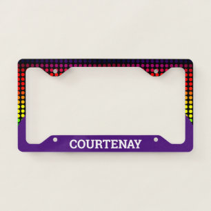 Rainbow Polkadots on Black / Purple (Own Text/Col) License Plate Frame
