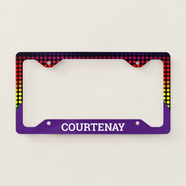 Rainbow Polkadots on Black / Purple (Own Text/Col) License Plate Frame (Front)
