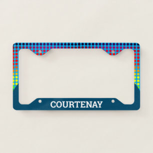 Rainbow Polkadots on Blue / Aqua (Own Text/Col) License Plate Frame