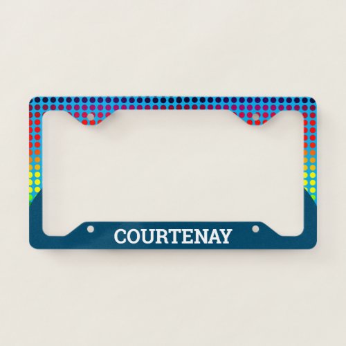 Rainbow Polkadots on Blue  Aqua Own TextCol License Plate Frame