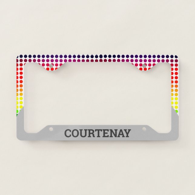 Rainbow Polkadots on White / Gray (Own Text/Col) License Plate Frame (Front)