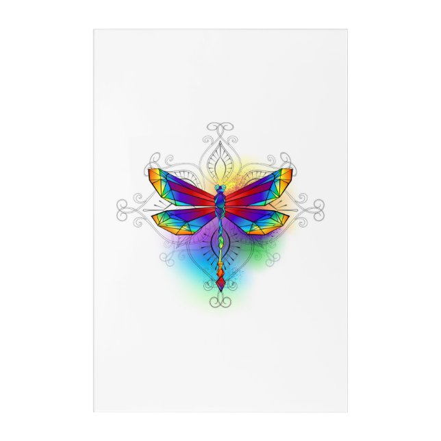 Rainbow Polygonal Dragonfly Acrylic Print (Front)