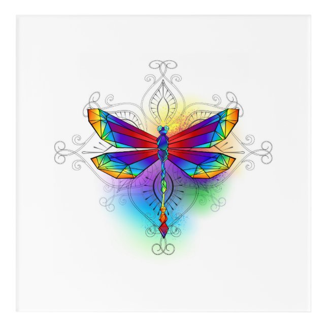 Rainbow Polygonal Dragonfly Acrylic Print (Front)