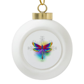 Rainbow Polygonal Dragonfly Ceramic Ball Christmas Ornament