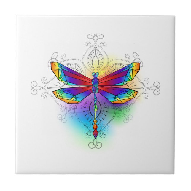 Rainbow Polygonal Dragonfly Ceramic Tile (Front)