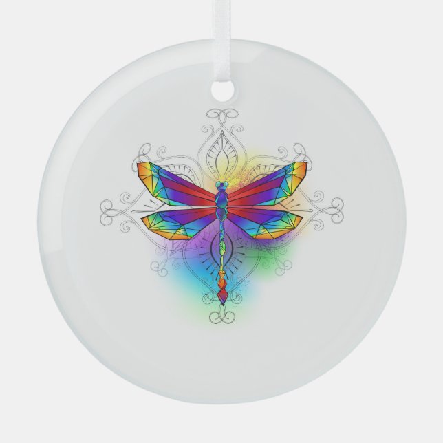 Rainbow Polygonal Dragonfly Glass Ornament (Front)