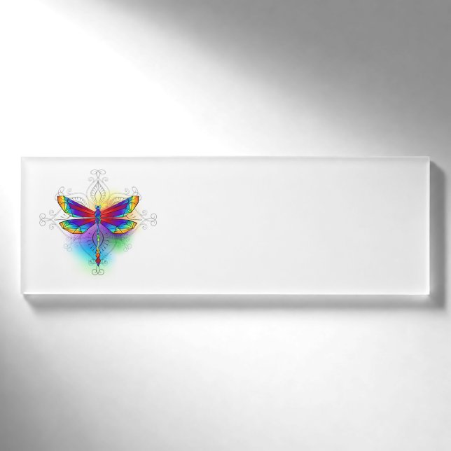 Rainbow Polygonal Dragonfly Name Tag (Front)