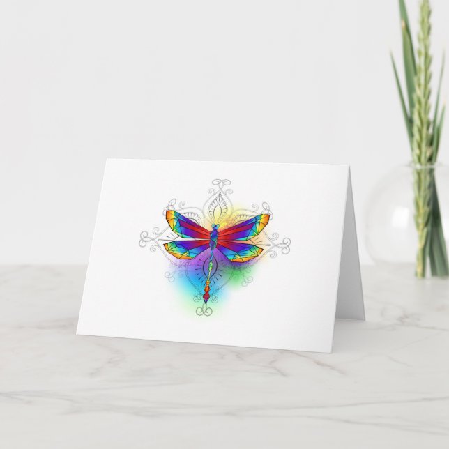 Rainbow Polygonal Dragonfly Note Card (Front)