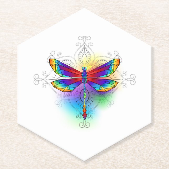 Rainbow Polygonal Dragonfly Paper Coaster (Front)