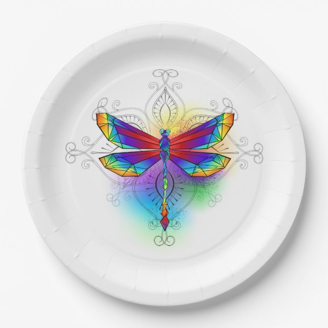 Rainbow Polygonal Dragonfly Paper Plates (Front)