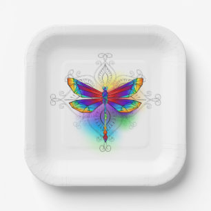 Rainbow Polygonal Dragonfly Paper Plates