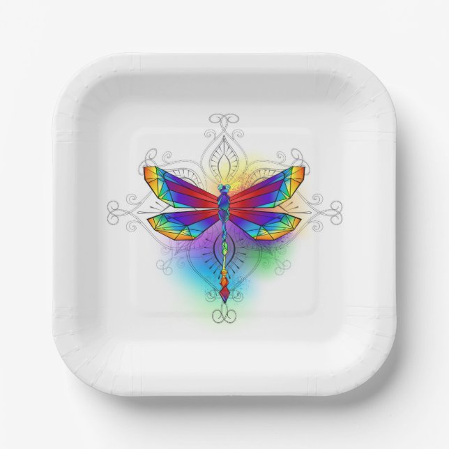Rainbow Polygonal Dragonfly Paper Plates (Front)