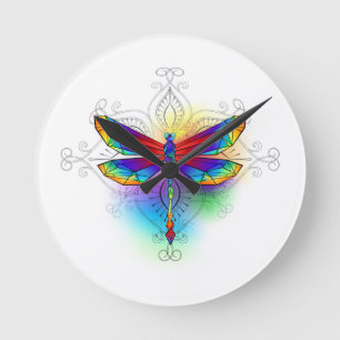 Rainbow Polygonal Dragonfly Round Clock