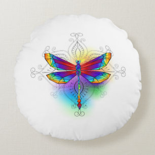 Rainbow Polygonal Dragonfly Round Pillow