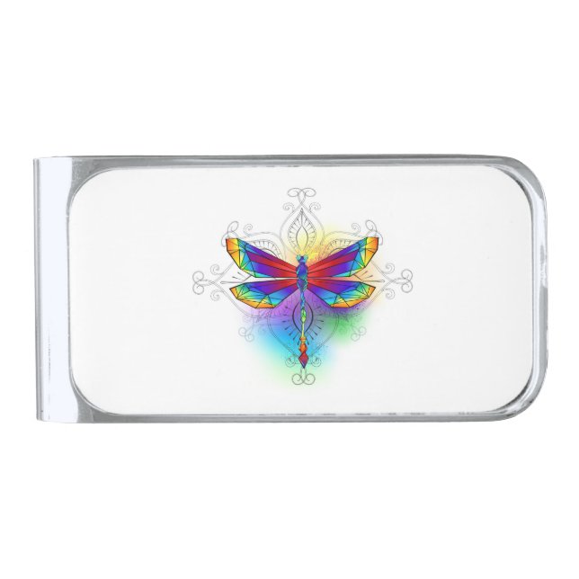 Rainbow Polygonal Dragonfly Silver Finish Money Clip (Front)