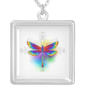 Rainbow Polygonal Dragonfly Silver Plated Necklace