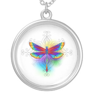 Rainbow Polygonal Dragonfly Silver Plated Necklace