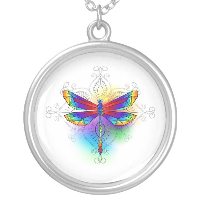 Rainbow Polygonal Dragonfly Silver Plated Necklace (Front)