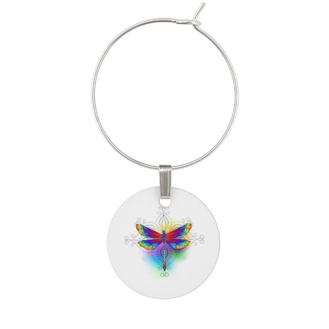 Rainbow Polygonal Dragonfly Wine Charm (Front)