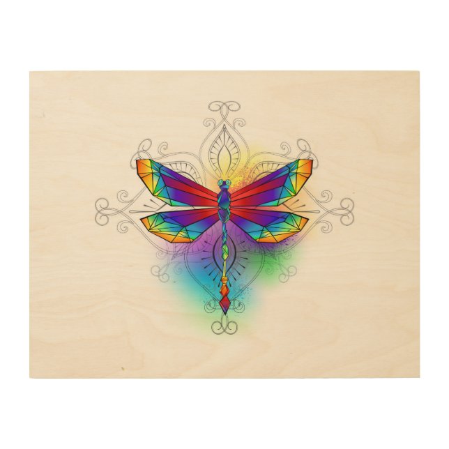 Rainbow Polygonal Dragonfly Wood Wall Art (Front)
