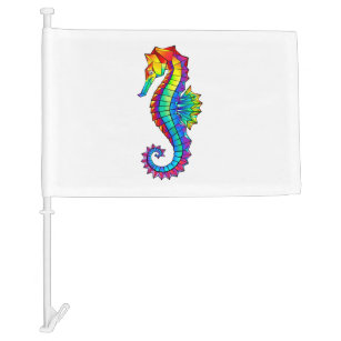 Rainbow Polygonal Seahorse Car Flag